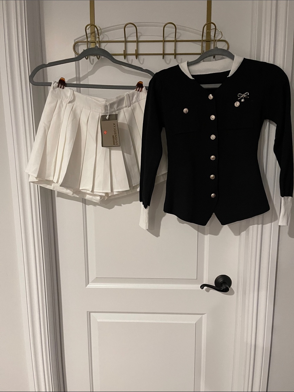 Black & White Knit Cardigan with White Pleated Skort 2 pice set shirt and skort